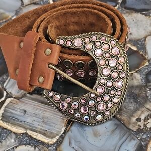 Brown Leather Belt with Pink Gemstone Buckle